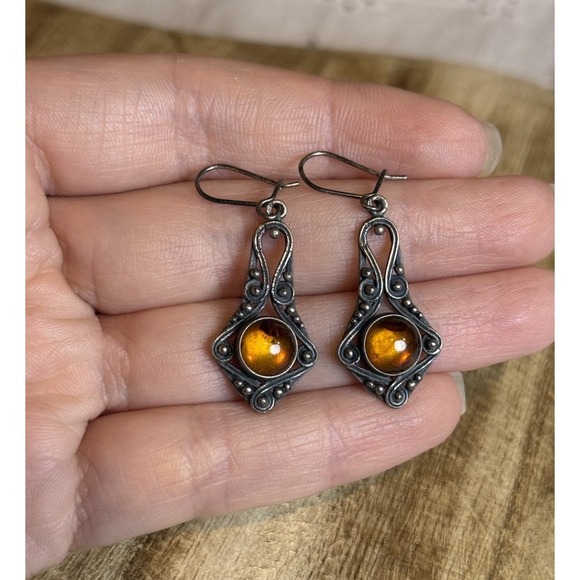 Jewelry - Vintage Sterling Silver Amber Cabochon‎ Dangle 1.2" Earrings Filigree Style